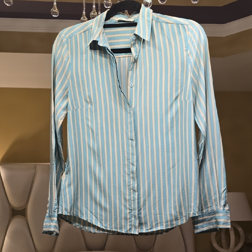 DEVERNOIS Silk Chic Striped Blue and White Women's Blouse EUC